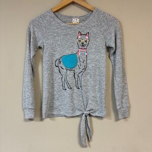 Llama Shirt Girl’s Small Gray Top Fuzzy Long Sleeve Tie Hem Winter Cute Adorable
